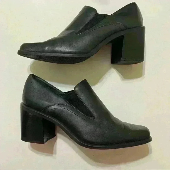 Nicole black leather slip on block heel Brazilian vintage court shoes Size 9.5 M - Picture 3 of 12